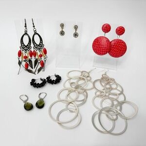 Lot of 6 Pairs Fashion Earrings Dangle Drop Hoop Red Black Silver Gold Mixed